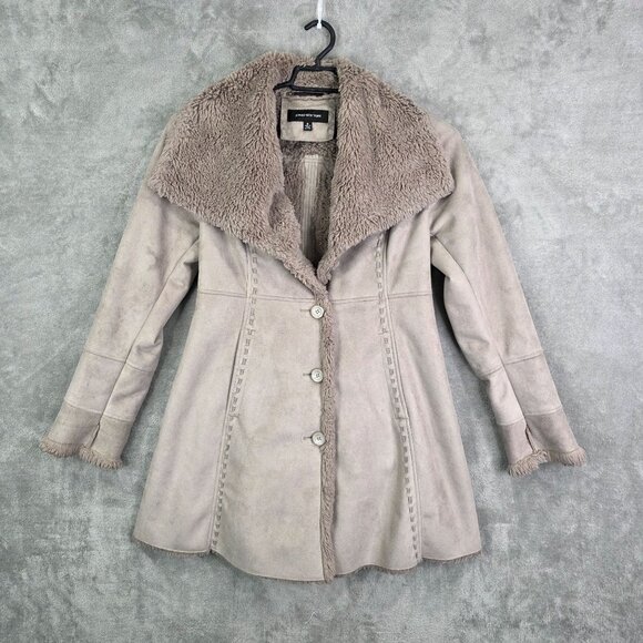 Womens Jones New York Beige Faux Suede & Fur Trim Coat Button Front Polyester M - Picture 2 of 9